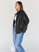 Women's Oversized Vegan Leather Moto Bomber Jacket for Fall & Winter Wear