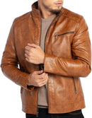 Men's Lightweight Faux Leather Motorcycle Jacket with Stand Collar & Zipper