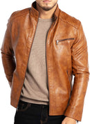 Men's Lightweight Faux Leather Motorcycle Jacket with Stand Collar & Zipper