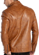 Men's Lightweight Faux Leather Motorcycle Jacket with Stand Collar & Zipper