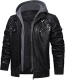 Men's PU Leather Motorcycle Bomber Jacket with Removable Hood & Stand Collar