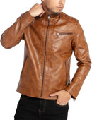Men's Lightweight Faux Leather Motorcycle Jacket with Stand Collar & Zipper