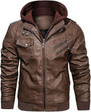 Men's PU Leather Motorcycle Bomber Jacket with Removable Hood & Stand Collar