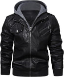 Men's PU Leather Motorcycle Bomber Jacket with Removable Hood & Stand Collar
