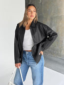 Women's Oversized Vegan Leather Moto Bomber Jacket for Fall & Winter Wear