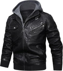 Men's PU Leather Motorcycle Bomber Jacket with Removable Hood & Stand Collar