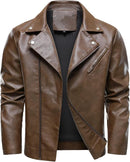 Men's Faux Leather Lapel Motorcycle Biker Jacket with Zipper Details & Pockets