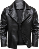 Men's Faux Leather Lapel Motorcycle Biker Jacket with Zipper Details & Pockets