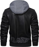 Men's PU Leather Motorcycle Bomber Jacket with Removable Hood & Stand Collar