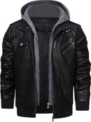 Men's PU Leather Motorcycle Bomber Jacket with Removable Hood & Stand Collar