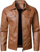 Men's Lightweight Faux Leather Biker Jacket with Classic Turn-Down Collar